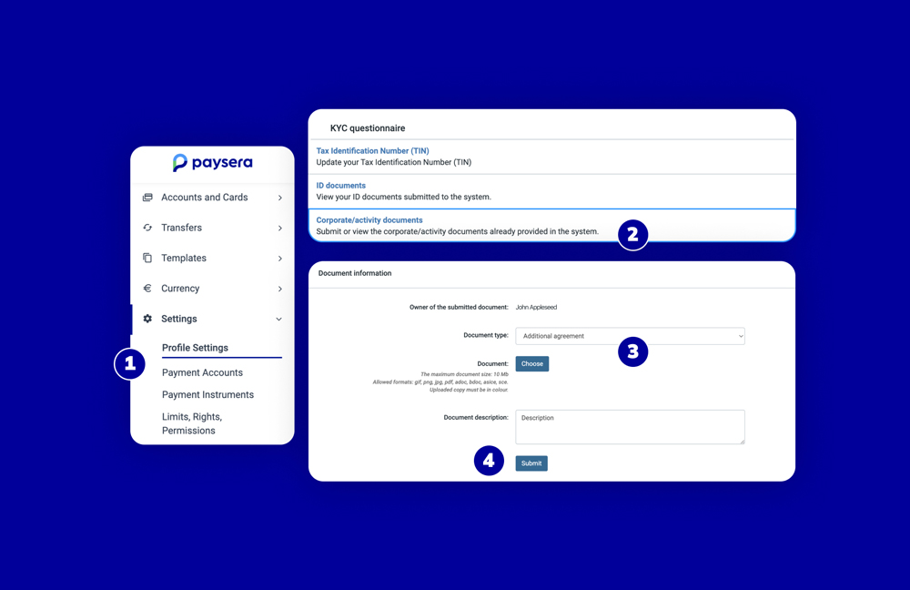 Steps for the new company head to submit documents for accessing a Paysera business account.