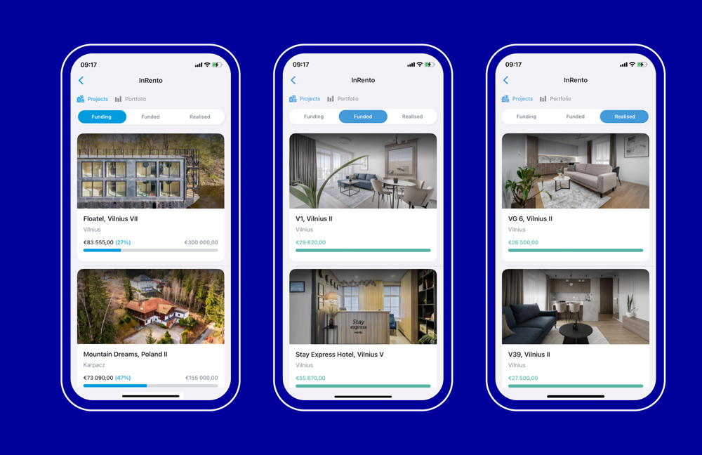 Property examples to invest in with InRento via the Paysera app.