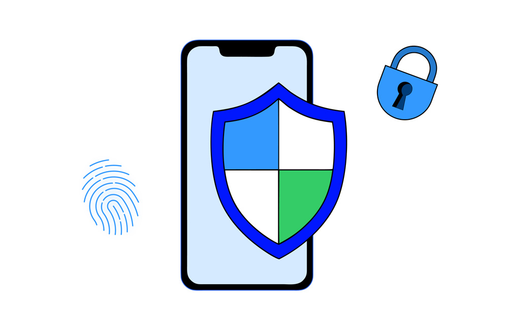 Një telefon inteligjent me një mburojë të madhe mbrojtëse përpara tij, pranë një dryni dhe një gjurme gishti – mbrojtja e pajisjes mobile.